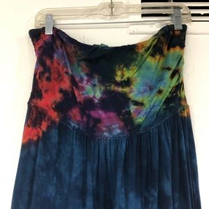 Tie Dye Brushed Rayon Strapless Upcycle Dress Sz M Navy Rainbow IRIS of LA